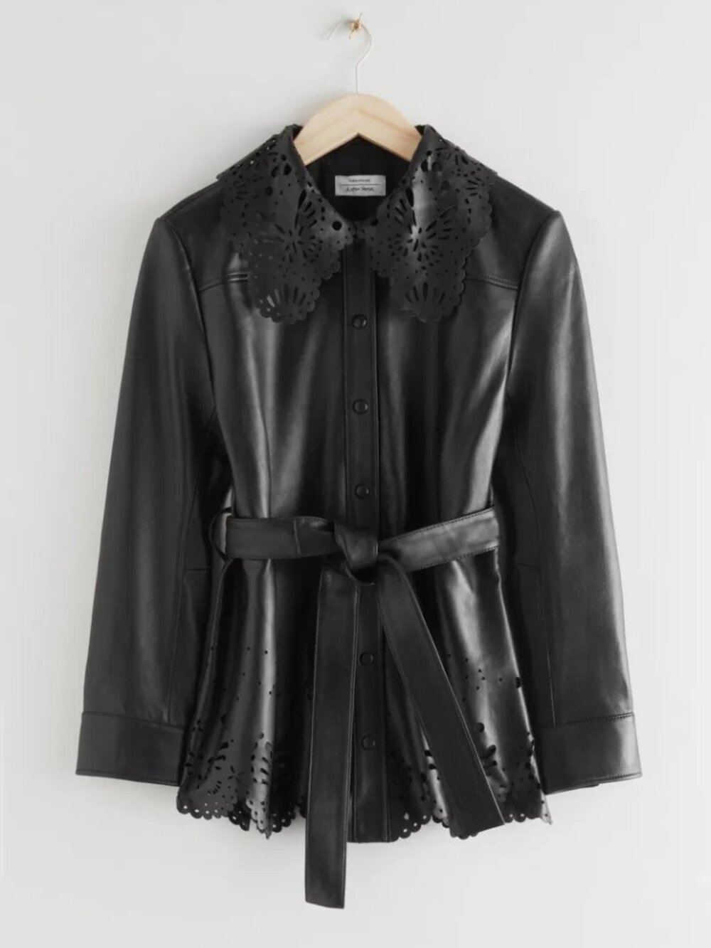 & Other Stories Black Laser-Cut Collar Belted Leather Jacket US 2